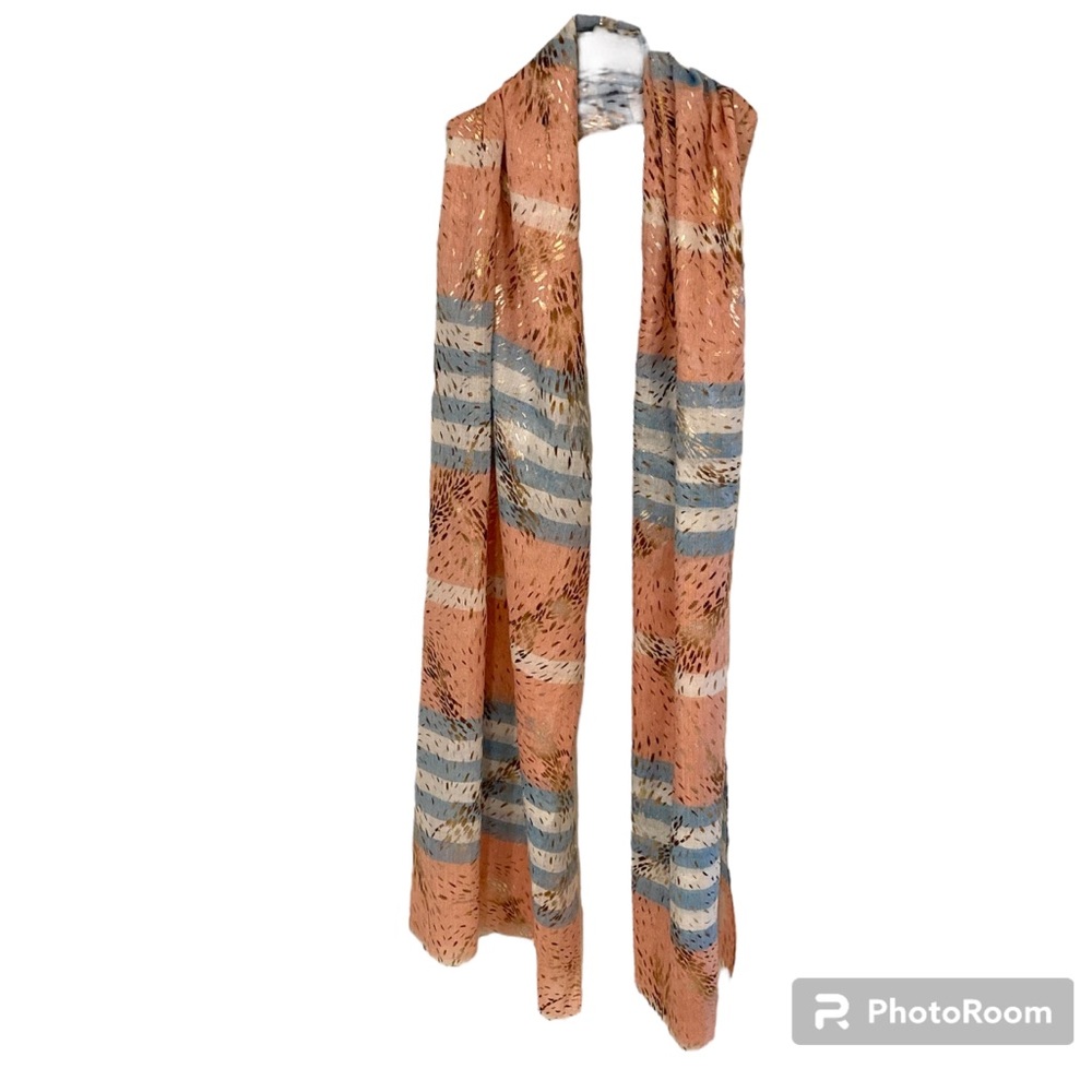 NWT Howard’s Women’s Oversized Blue Pink Striped Gold Accent Rectangle Scarf